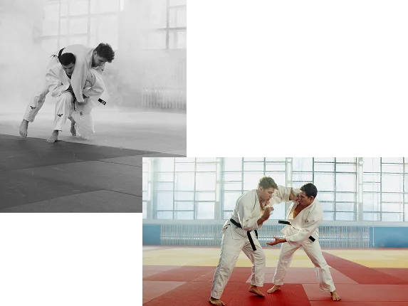 Judo athletes practicing sparring and throw techniques on tatami mats in a dojo, showing grip control, balance and martial arts training skills